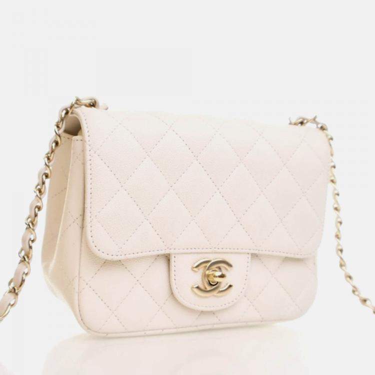 Pre Owned Chanel Mini White Caviar Square Classic Flap Bag
