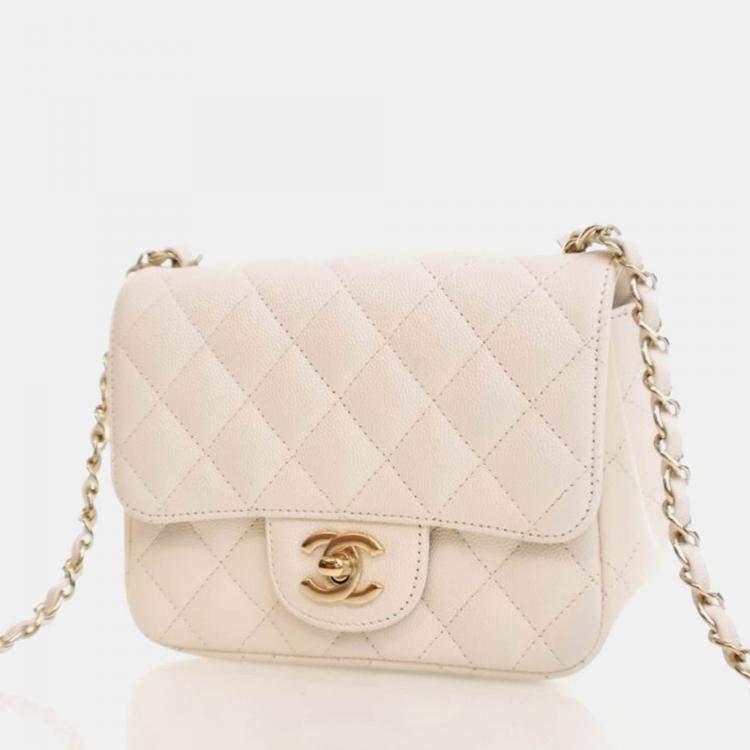 Pre Owned Chanel Mini White Caviar Square Classic Flap Bag