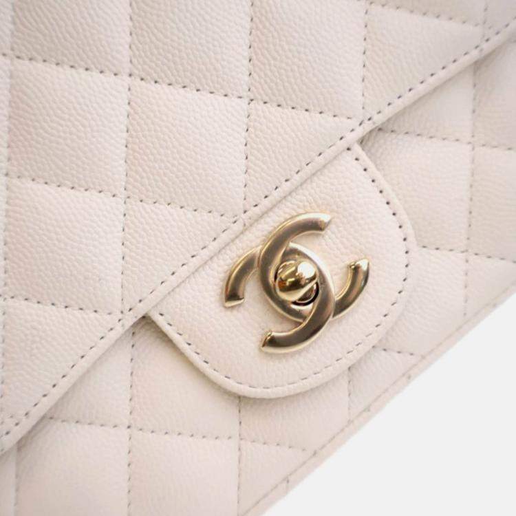 Pre Owned Chanel Mini White Caviar Square Classic Flap Bag