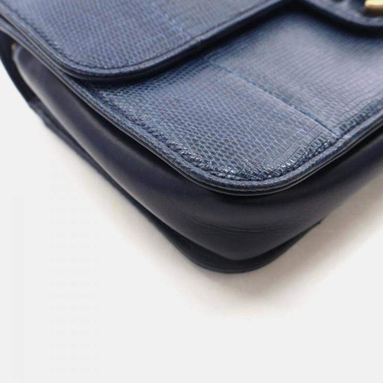 Pre Owned Chanel Perfect Edge Flap Bag Medium Blue Lizard Shoulder Bag