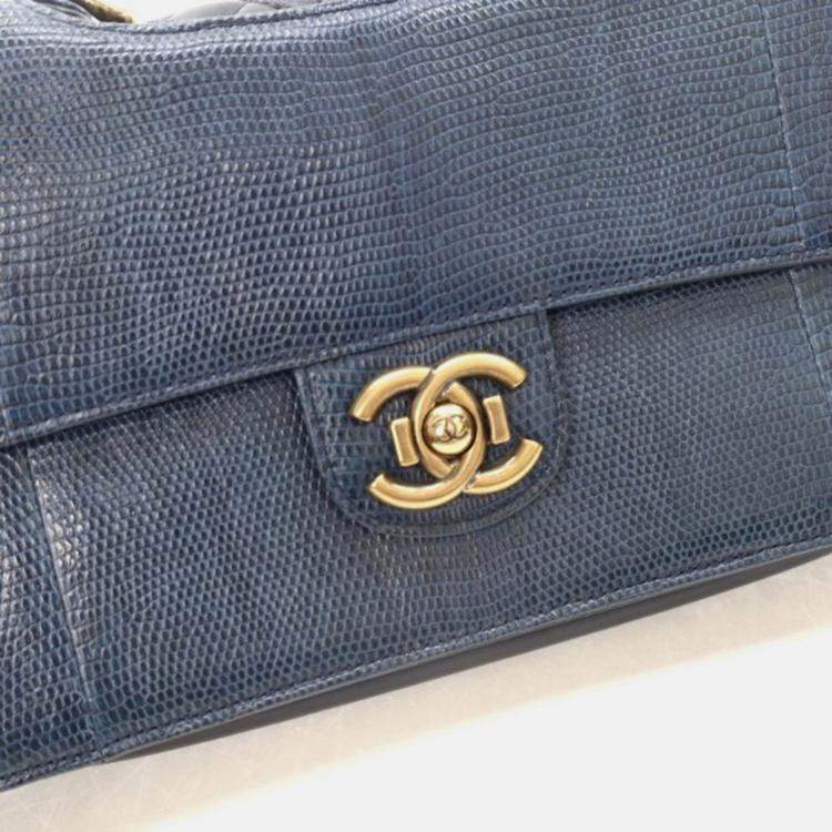 Pre Owned Chanel Perfect Edge Flap Bag Medium Blue Lizard Shoulder Bag