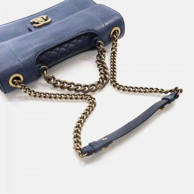 Pre Owned Chanel Perfect Edge Flap Bag Medium Blue Lizard Shoulder Bag