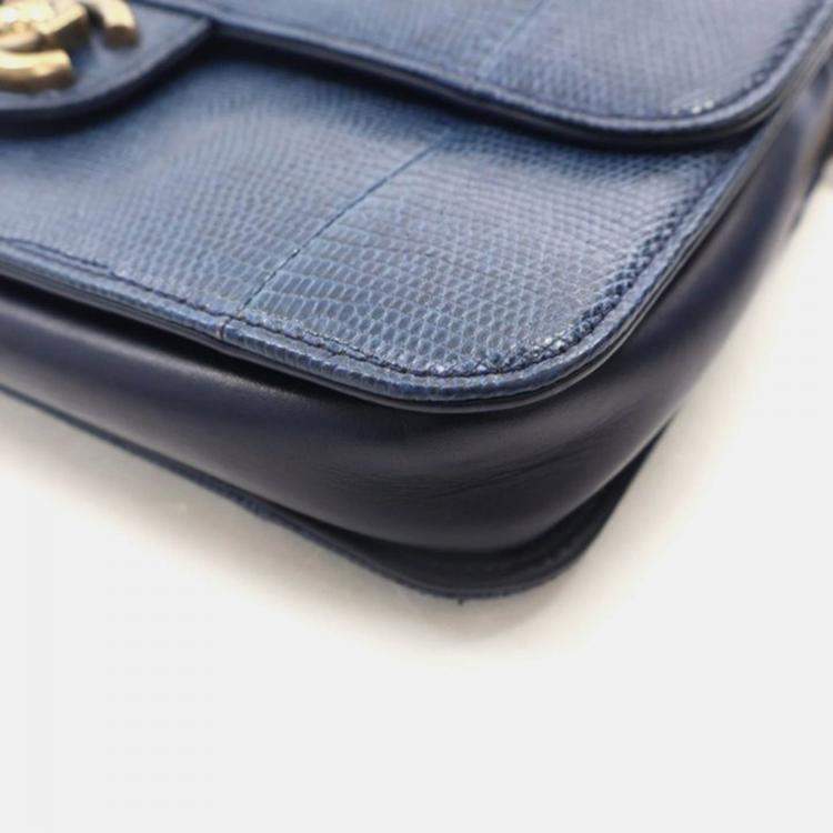 Pre Owned Chanel Perfect Edge Flap Bag Medium Blue Lizard Shoulder Bag