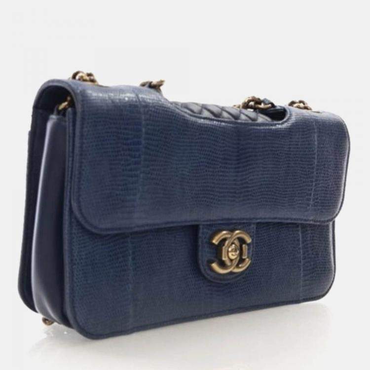 Pre Owned Chanel Perfect Edge Flap Bag Medium Blue Lizard Shoulder Bag