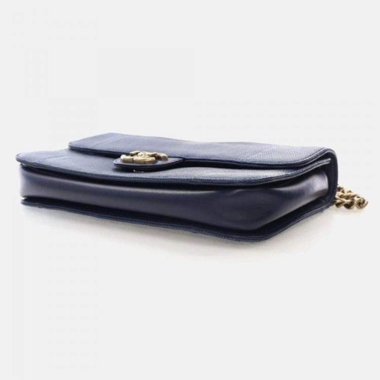 Pre Owned Chanel Perfect Edge Flap Bag Medium Blue Lizard Shoulder Bag
