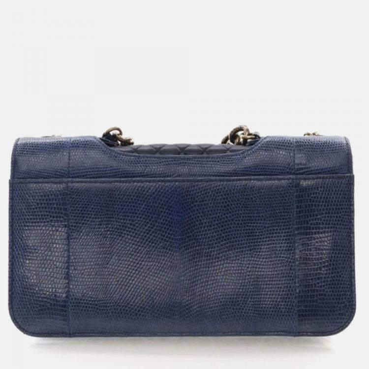 Pre Owned Chanel Perfect Edge Flap Bag Medium Blue Lizard Shoulder Bag