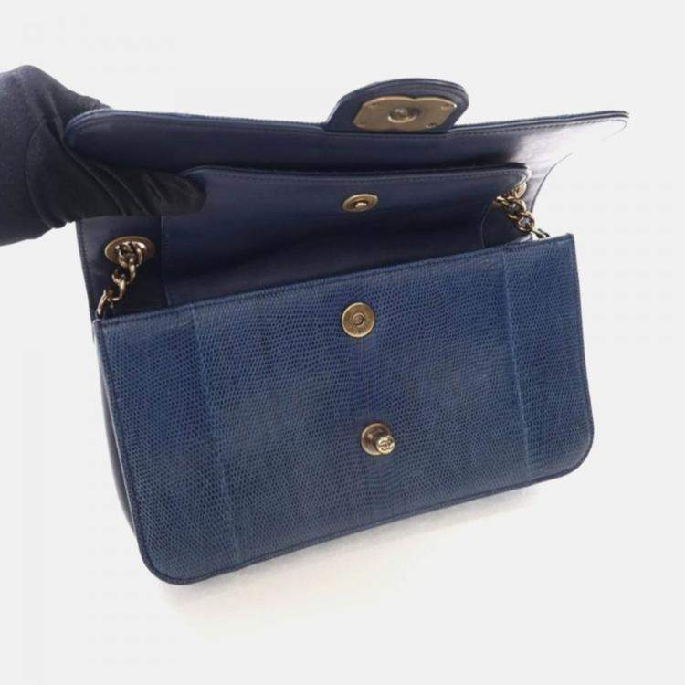 Pre Owned Chanel Perfect Edge Flap Bag Medium Blue Lizard Shoulder Bag