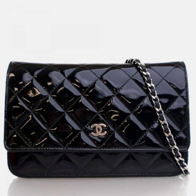 Pre Owned Chanel Classic Wallet On Chain Black Patent Leather Wallet On Chain 