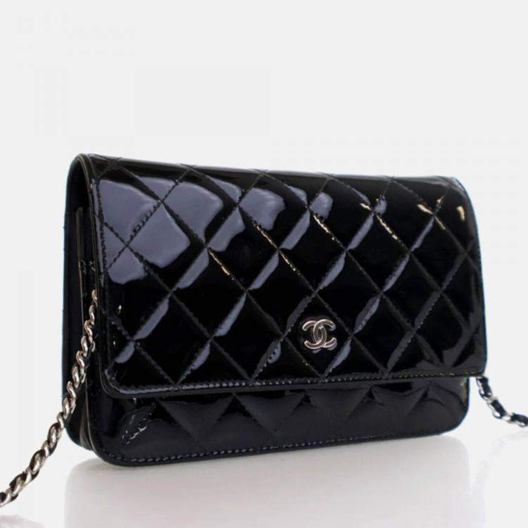 Pre Owned Chanel Classic Wallet On Chain Black Patent Leather Wallet On Chain 