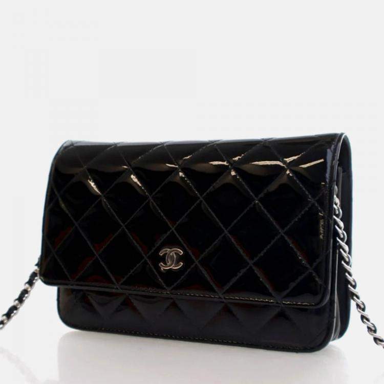 Pre Owned Chanel Classic Wallet On Chain Black Patent Leather Wallet On Chain 