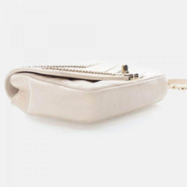 Pre Owned Chanel Chevron Flap Mini Cream Crinkled Calfskin Square Chain Shoulder Bag
