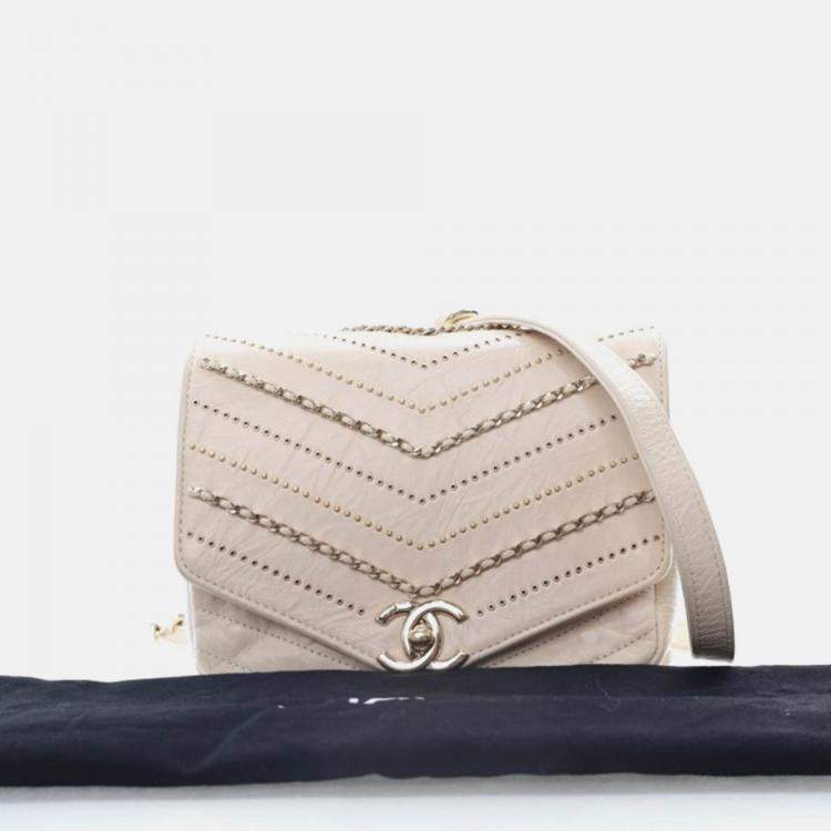 Pre Owned Chanel Chevron Flap Mini Cream Crinkled Calfskin Square Chain Shoulder Bag