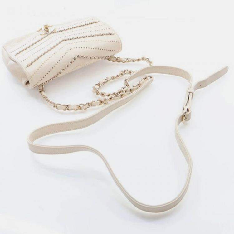 Pre Owned Chanel Chevron Flap Mini Cream Crinkled Calfskin Square Chain Shoulder Bag