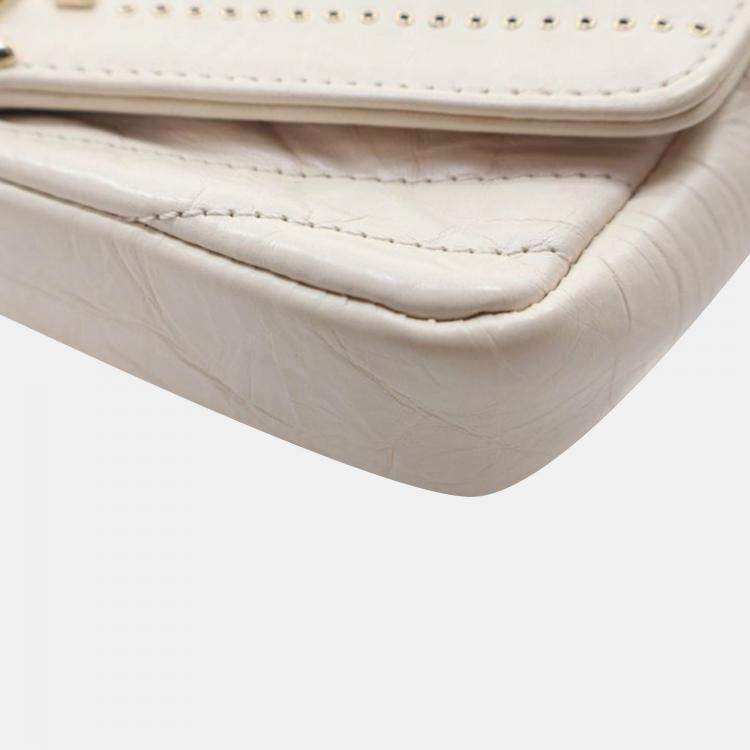 Pre Owned Chanel Chevron Flap Mini Cream Crinkled Calfskin Square Chain Shoulder Bag
