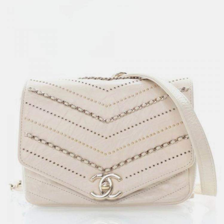 Pre Owned Chanel Chevron Flap Mini Cream Crinkled Calfskin Square Chain Shoulder Bag