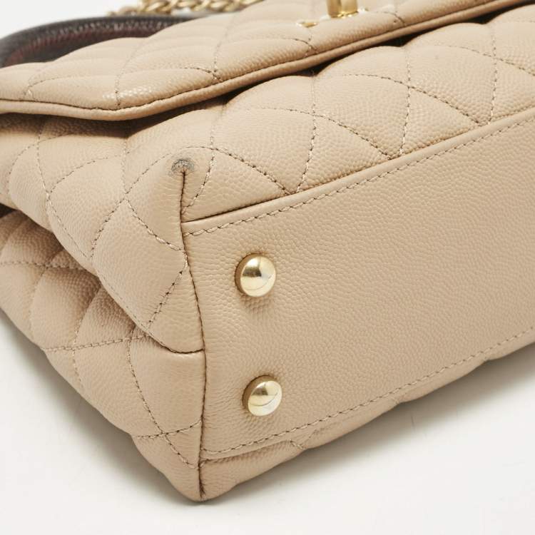 Pre Owned Chanel Beige/Brown Quilted Caviar Leather Mini Coco Top Handle Bag