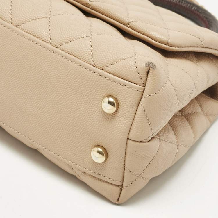 Pre Owned Chanel Beige/Brown Quilted Caviar Leather Mini Coco Top Handle Bag