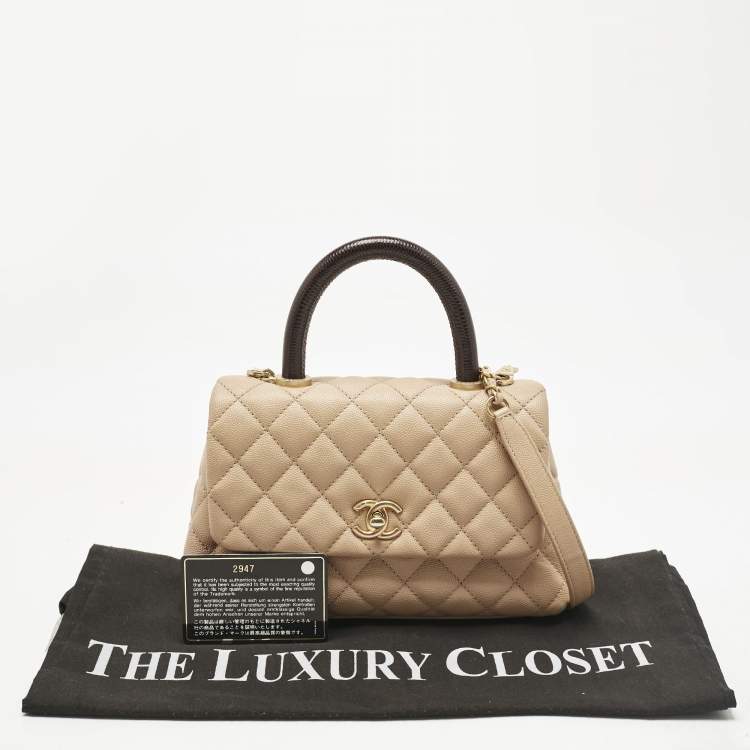 Pre Owned Chanel Beige/Brown Quilted Caviar Leather Mini Coco Top Handle Bag