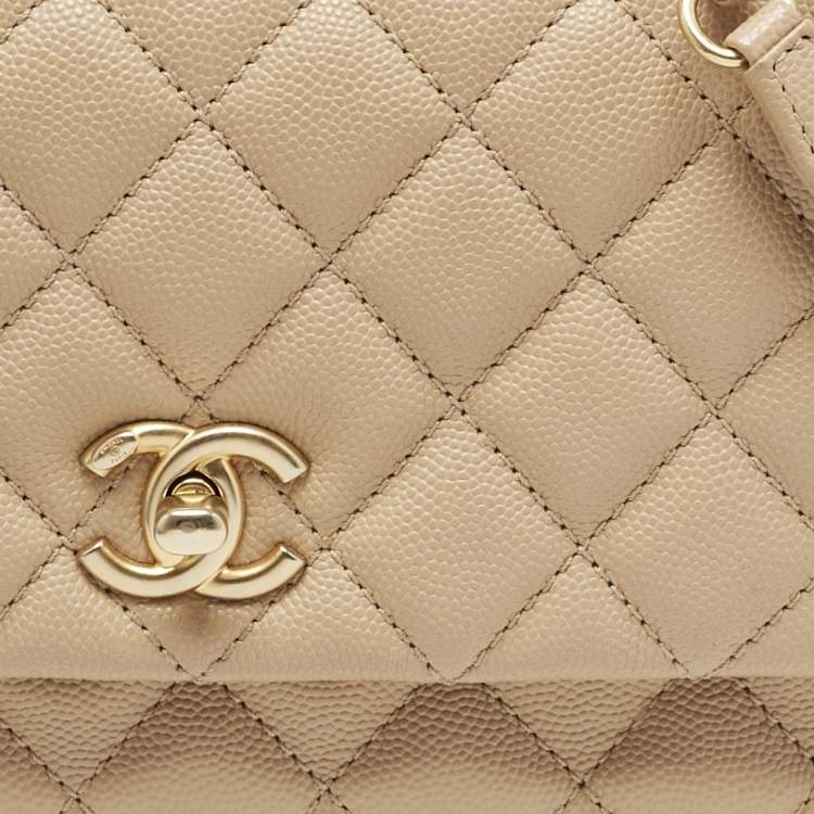 Pre Owned Chanel Beige/Brown Quilted Caviar Leather Mini Coco Top Handle Bag