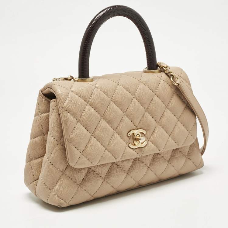 Pre Owned Chanel Beige/Brown Quilted Caviar Leather Mini Coco Top Handle Bag