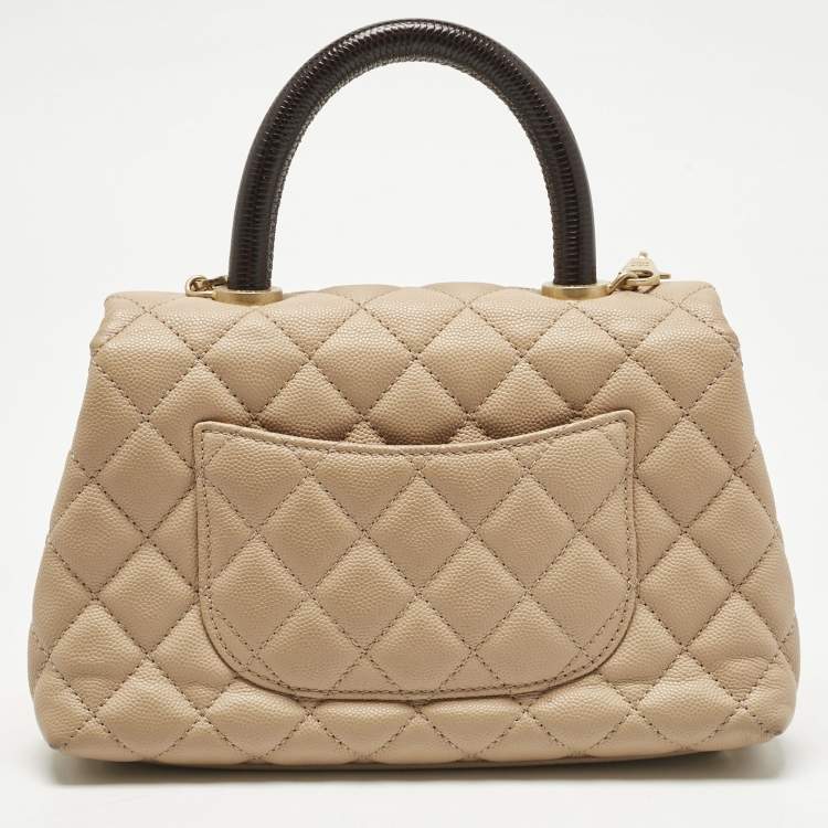 Pre Owned Chanel Beige/Brown Quilted Caviar Leather Mini Coco Top Handle Bag