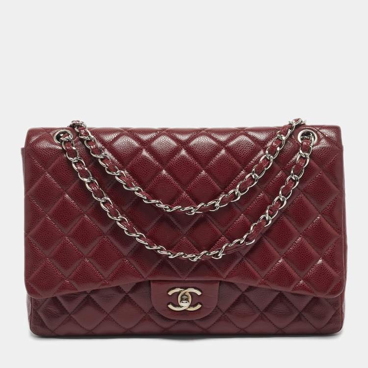 Pre Owned Chanel Dark Red Quilted Caviar Leather Maxi Classic Single Flap Bag