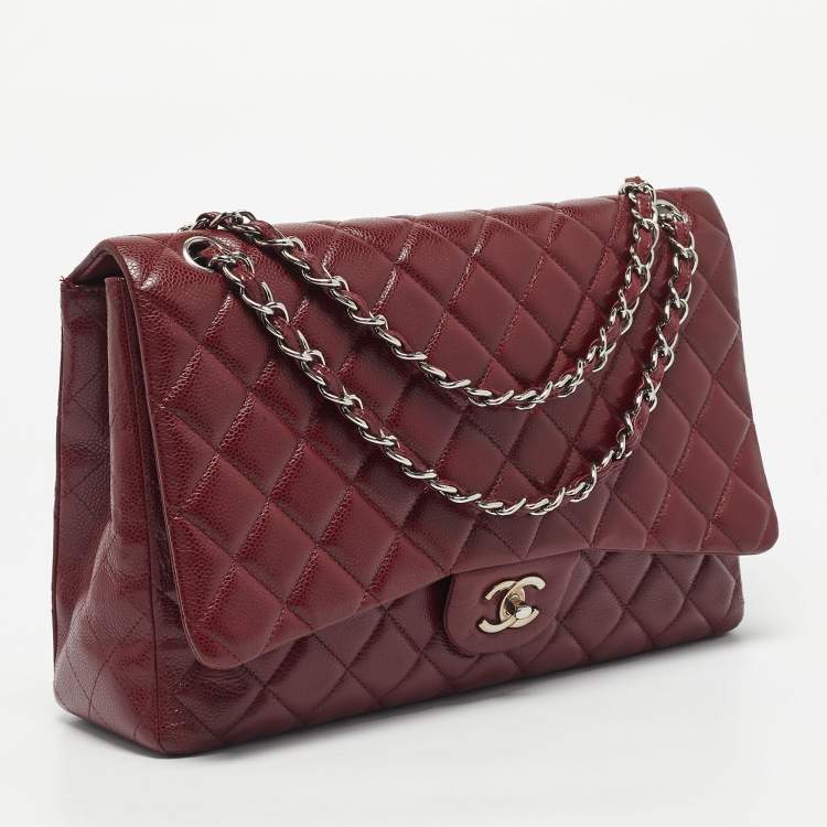 Pre Owned Chanel Dark Red Quilted Caviar Leather Maxi Classic Single Flap Bag