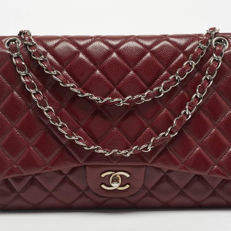 Pre Owned Chanel Dark Red Quilted Caviar Leather Maxi Classic Single Flap Bag