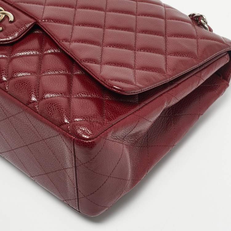 Pre Owned Chanel Dark Red Quilted Caviar Leather Maxi Classic Single Flap Bag