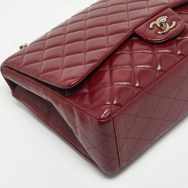Pre Owned Chanel Dark Red Quilted Caviar Leather Maxi Classic Single Flap Bag