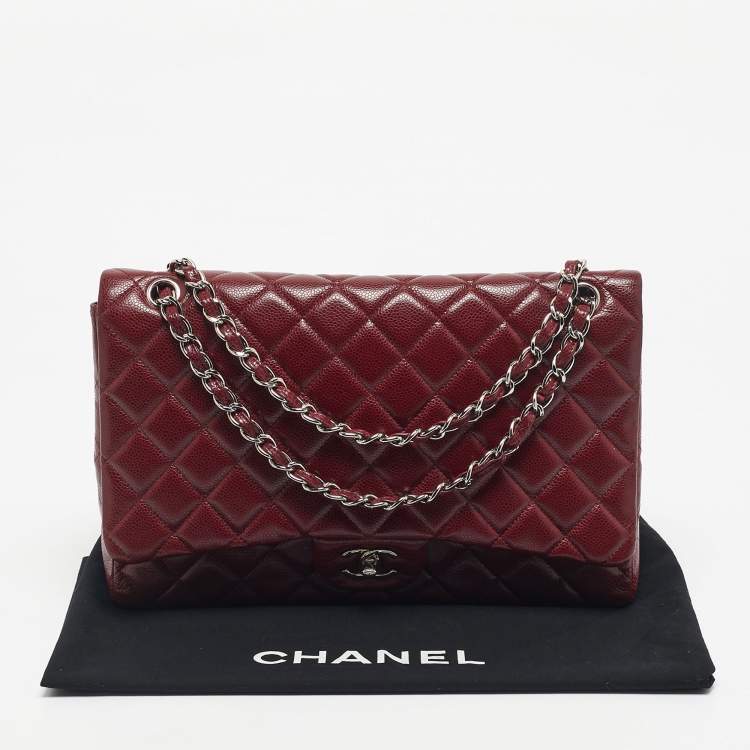 Pre Owned Chanel Dark Red Quilted Caviar Leather Maxi Classic Single Flap Bag