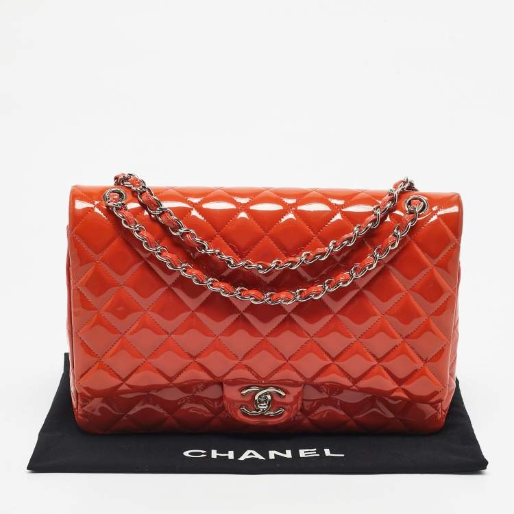 Pre Owned Chanel Orange Patent Leather Maxi Classic Double Flap Bag