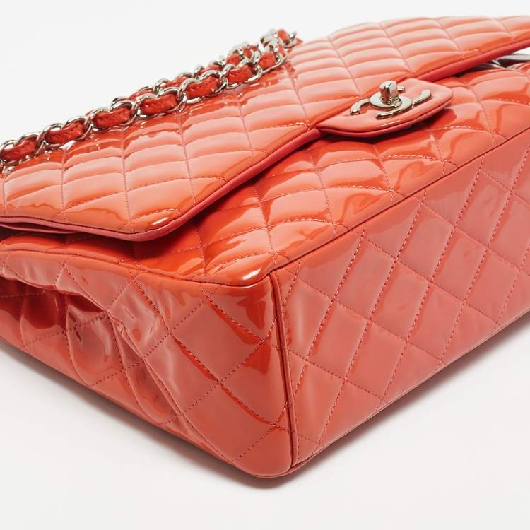 Pre Owned Chanel Orange Patent Leather Maxi Classic Double Flap Bag