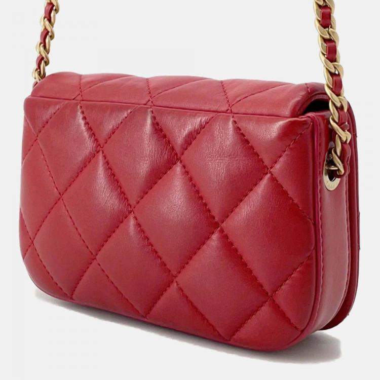 Pre Owned Chanel Nailed CC Mini Red Lambskin Chain Shoulder Bag