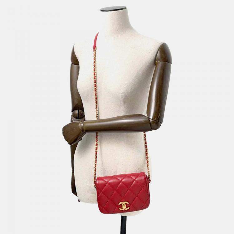 Pre Owned Chanel Nailed CC Mini Red Lambskin Chain Shoulder Bag