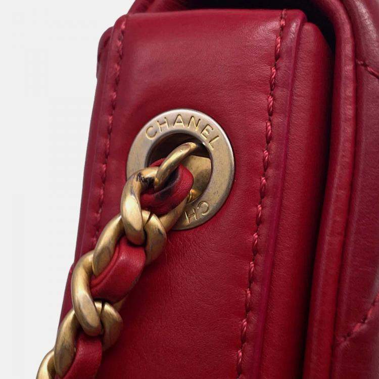 Pre Owned Chanel Nailed CC Mini Red Lambskin Chain Shoulder Bag