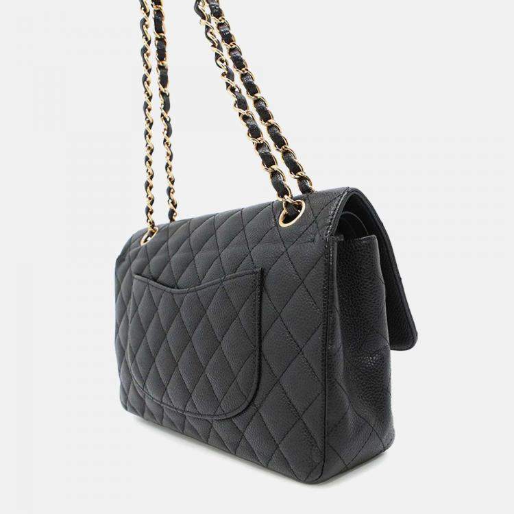 Pre Owned Chanel Classic Double Flap Medium Black Caviar Leather Chain Shoulder Bag
