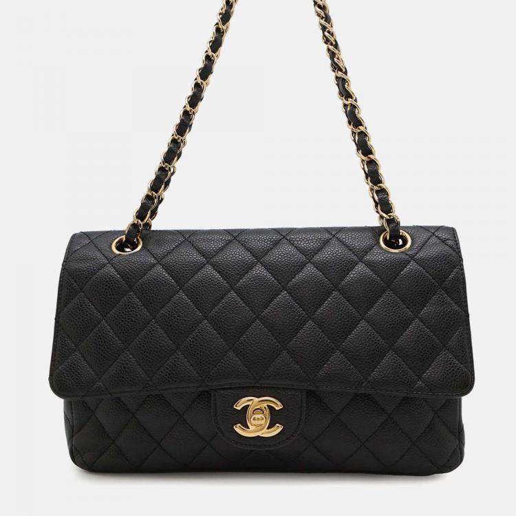 Pre Owned Chanel Classic Double Flap Medium Black Caviar Leather Chain Shoulder Bag