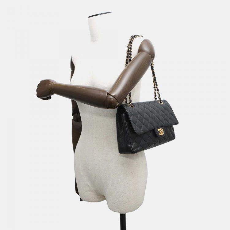 Pre Owned Chanel Classic Double Flap Medium Black Caviar Leather Chain Shoulder Bag