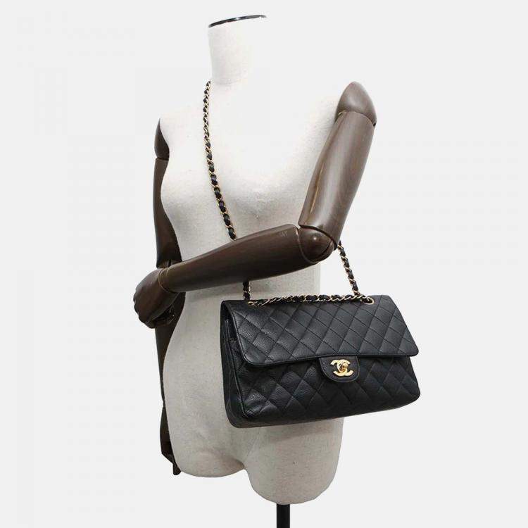 Pre Owned Chanel Classic Double Flap Medium Black Caviar Leather Chain Shoulder Bag