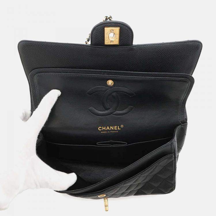 Pre Owned Chanel Classic Double Flap Medium Black Caviar Leather Chain Shoulder Bag
