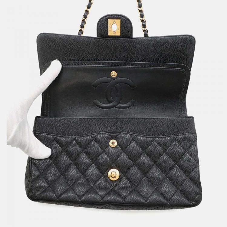Pre Owned Chanel Classic Double Flap Medium Black Caviar Leather Chain Shoulder Bag