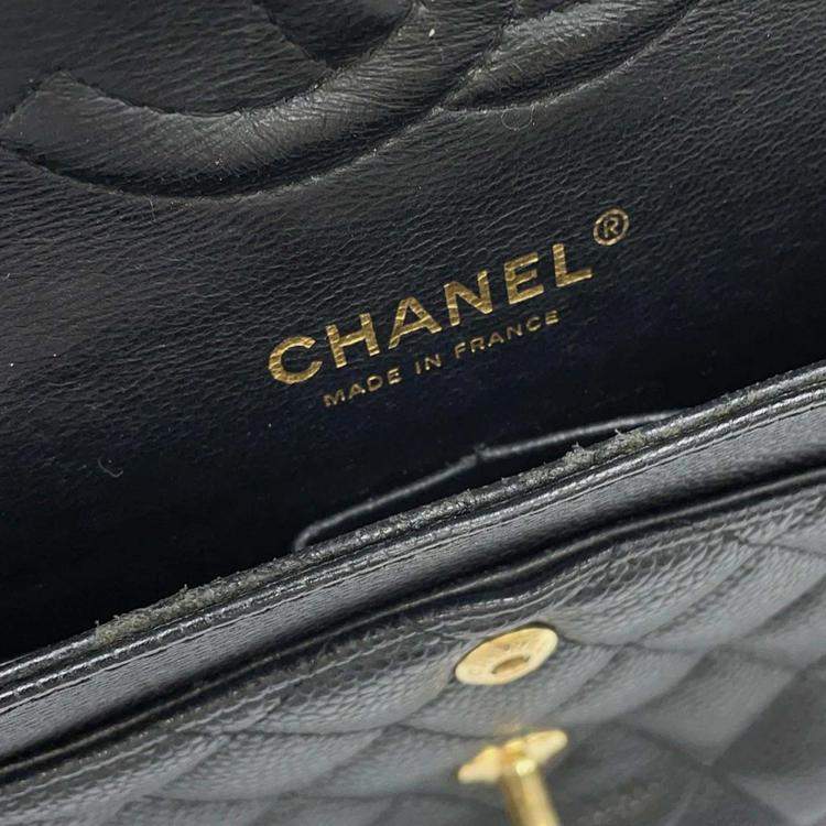 Pre Owned Chanel Classic Double Flap Medium Black Caviar Leather Chain Shoulder Bag