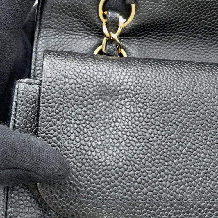 Pre Owned Chanel Classic Double Flap Medium Black Caviar Leather Chain Shoulder Bag