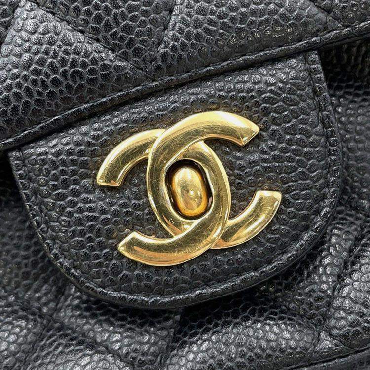 Pre Owned Chanel Classic Double Flap Medium Black Caviar Leather Chain Shoulder Bag