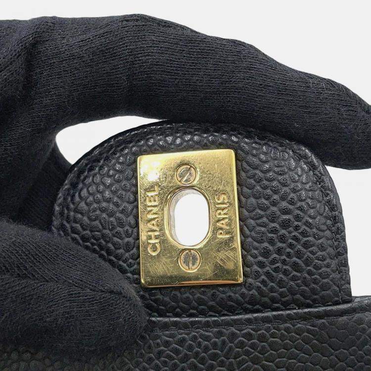 Pre Owned Chanel Classic Double Flap Medium Black Caviar Leather Chain Shoulder Bag