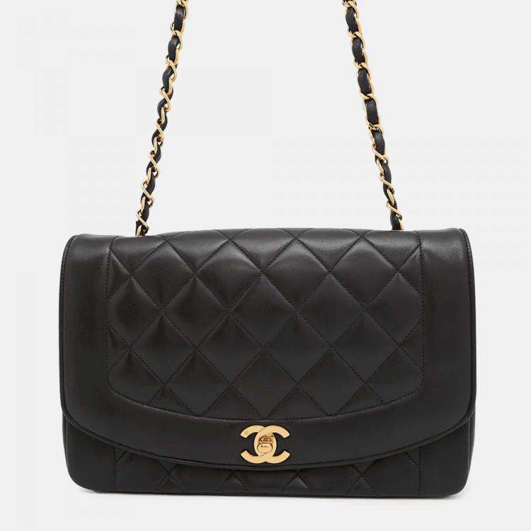 Pre Owned Chanel Diana Matelasse Black Lambskin Chain Shoulder Bag