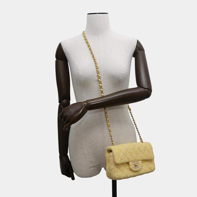 Pre Owned Chanel Turnlock CC Mini Yellow Tweed Chain Shoulder Bag