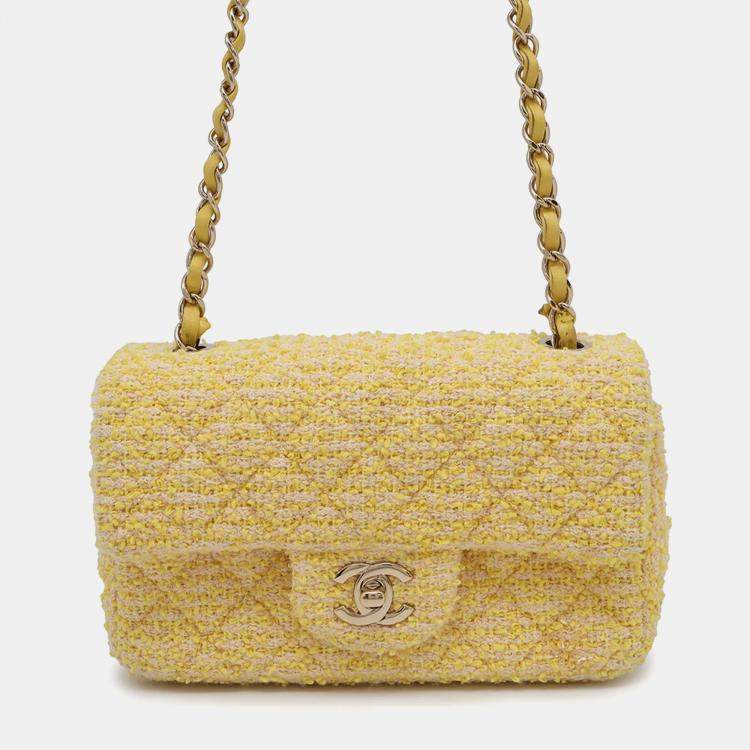 Pre Owned Chanel Turnlock CC Mini Yellow Tweed Chain Shoulder Bag