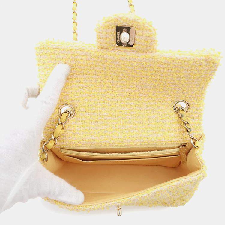 Pre Owned Chanel Turnlock CC Mini Yellow Tweed Chain Shoulder Bag